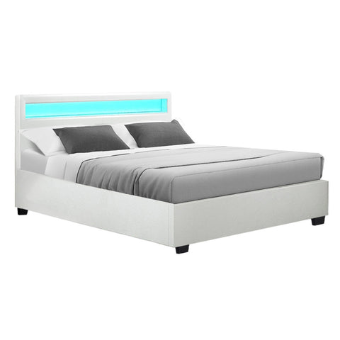 Artiss Cole LED Bed Frame PU Leather Gas Lift Storage - White Double