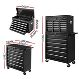 Giantz 15 Drawers Tool Box Chest Trolley Cabinet Garage Storage Boxes Organizer Black