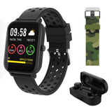 New 1.7" IPS Smart Fitness Watch with Wireless Earbuds Combo 2 Bands Black Army