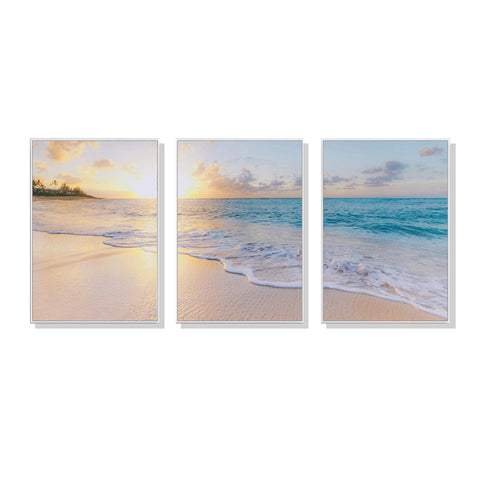60cmx90cm Ocean and beach 3 Sets White Frame Canvas Wall Art