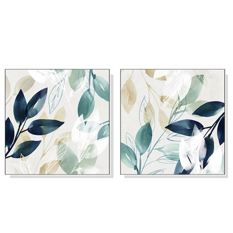 60cmx60cm Watercolour style leaves 2 Sets White Frame Canvas Wall Art