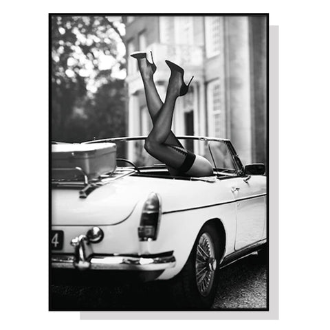 60cmx90cm High Heels in Classic Car Black Frame Canvas Wall Art