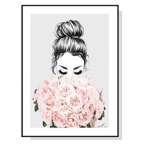 80cmx120cm Roses Girl Black Frame Canvas Wall Art