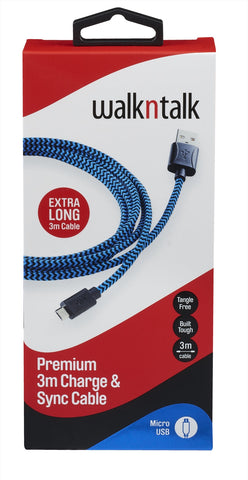 Walkntalk Charge & Sync 3M Cable - Micro USB - Blue