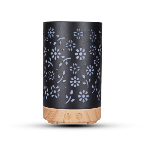 GOMINIMO LED Aromatherapy Essential Oil Diffuser 100ml Metal Cover Floral Design with Light Wood Base
