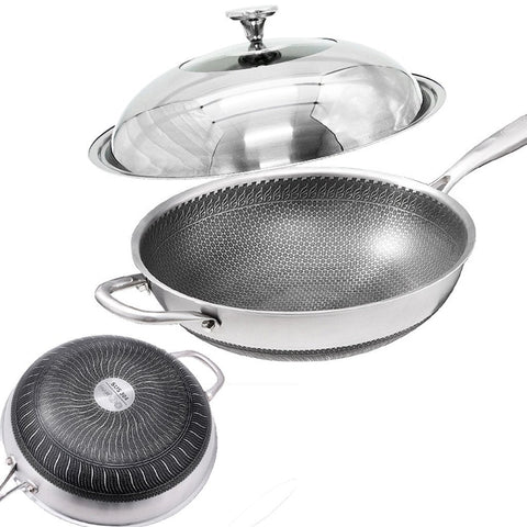 304 Stainless Steel 32cm Non-Stick Stir Fry Cooking Kitchen Wok Pan with Lid Honeycomb Double Sided