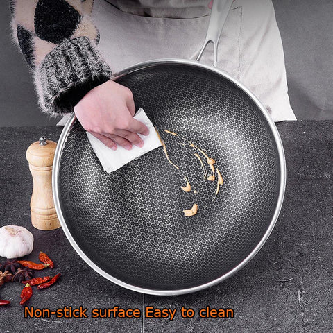 34cm 304 Stainless Steel Non-Stick Stir Fry Cooking Kitchen Wok Pan without Lid Honeycomb Double Sided