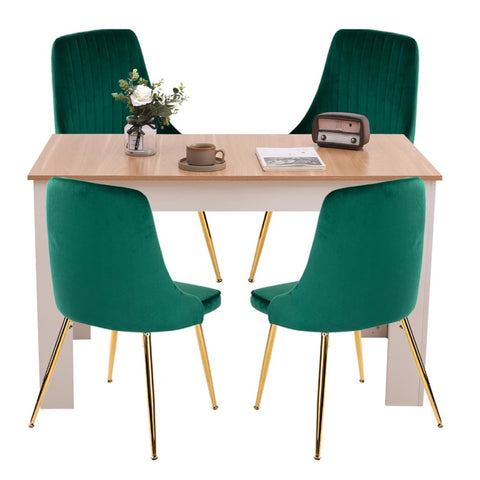 Natural Rectangular Dining Table with 4x Green Velvet Chairs