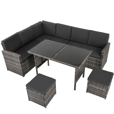 Ella 8-Seater Modular Outdoor Garden Lounge and Dining Set with Table and Stools in Dark Grey Weave