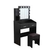 Diana Vanity Set with Shelves Cushioned Stool and Lighted Mirror- Black