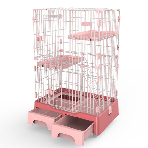 134 cm Pink Pet 3 Level Cat Cage House With Litter Tray And Storage Box