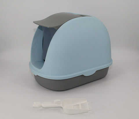 Portable Hooded Cat Toilet Litter Box Tray House with Handle and Scoop Blue