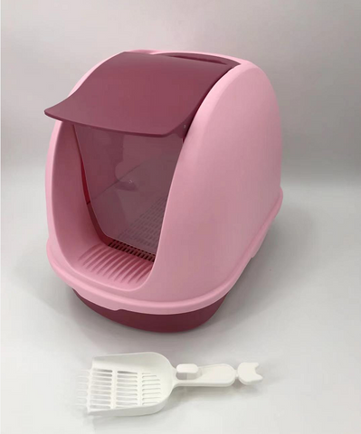 Portable Hooded Cat Toilet Litter Box Tray House With Scoop and Grid Tray Pink