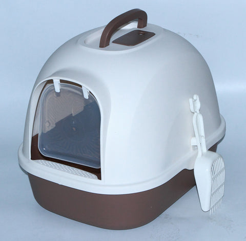 Portable Hooded Cat Toilet Litter Box Tray House with Handle and Scoop Brown
