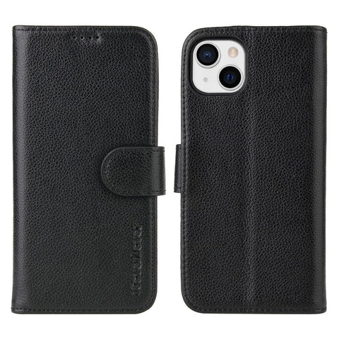 For iPhone 14 Case iCoverLover Black Genuine Cow Leather Wallet Folio Cover