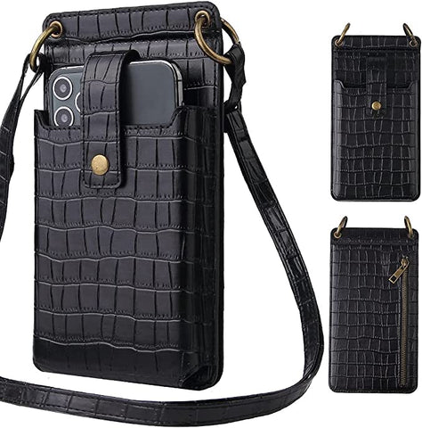 Unique large PU Leather Crossbody Cell Phone holder bag for Women Wallet Purse with mirror inside many card pockets BLACK