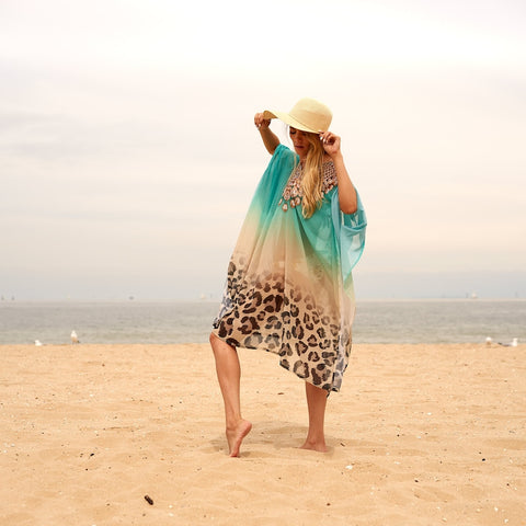 Linen Connections Trendy Silk Kaftan For Women Long Caftan Resort Wear Vacation Beach Dress Boho Silk Dress Kaftan Necklace Print Silk Kaftan Gift For Her | Ultramarine Green