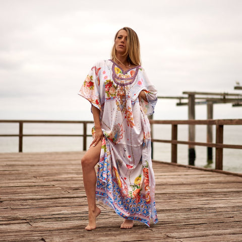 Linen Connections Trendy Silk Kaftan For Women Long Caftan Resort Wear Vacation Beach Dress Boho Silk Dress Kaftan Floral Print Silk Kaftan Gift For Her | Light Purple
