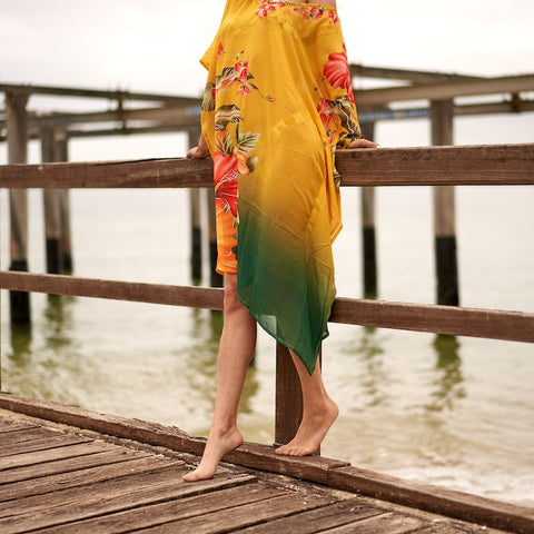 Linen Connections Trendy Silk Kaftan For Women Long Caftan Resort Wear Vacation Beach Dress Boho Silk Dress Kaftan Floral Print Silk Kaftan Gift For Her | Yellow