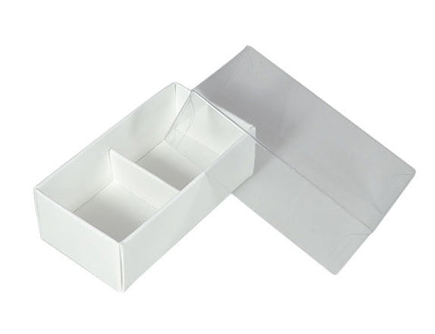 10 Pack of White Card Chocolate Sweet Soap Product Reatail Gift Box - 2 Bay Compartments - Clear Slide On Lid - 8x4x3cm