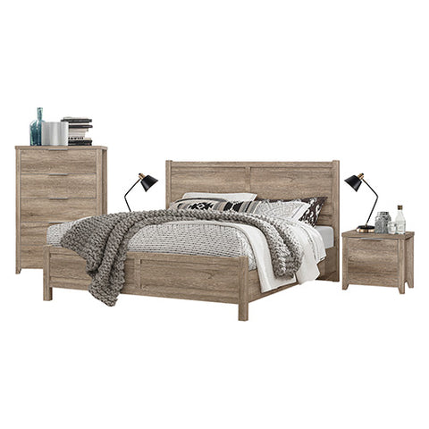 4 Pieces Bedroom Suite Natural Wood Like MDF Structure Double Size Oak Colour Bed, Bedside Table & Dresser
