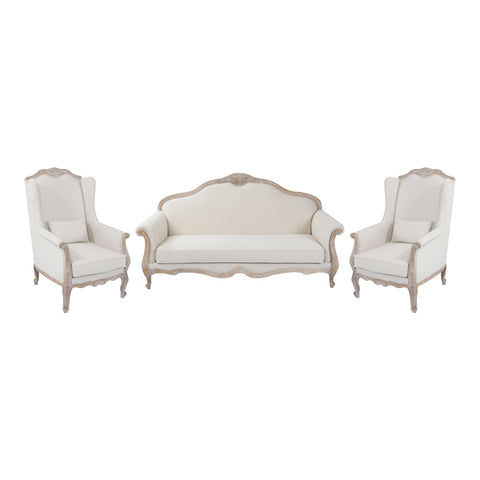 Oak Wood White Washed Finish Rolled Armrest 3+1+1 Seater Sofa Set Linen Fabric
