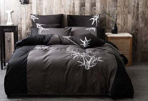 King Size Embroidered Bamboo Pattern Black Grey Quilt Cover Set (3PCS)