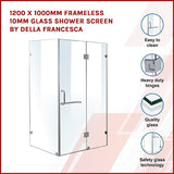 1200 x 1000mm Frameless 10mm Glass Shower Screen By Della Francesca